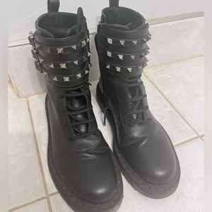 Valentino Black Leather Stud Strap Combat Booties